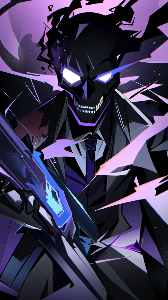 solo, tie, black suit, upper body, black pants, purple fire with blue details, skull with red smoke with purple and blue details, blue fire on the skull, dark negative aura around, bloodthirsty look, purple pupils coming out smoke, holding a revolver, tie half blue half purple, one slit eye