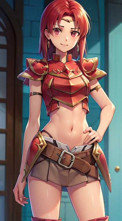 masterpiece, Highest quality,masterpiece, Highest quality, Lady, Circlet, Earrings, belt, armor, Elbow hand pockets,サイハイブーツのmasterpiece, Highest quality, smile, Are standing, Lance, abdomen, abdomen, Long and thin navel