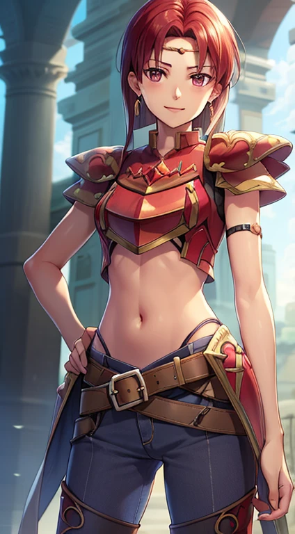 masterpiece, Highest quality,masterpiece, Highest quality, Lady, Circlet, Earrings, belt, armor, Elbow hand pockets,サイハイブーツのmasterpiece, Highest quality, smile, Are standing, Lance, abdomen, abdomen, Long and thin navel