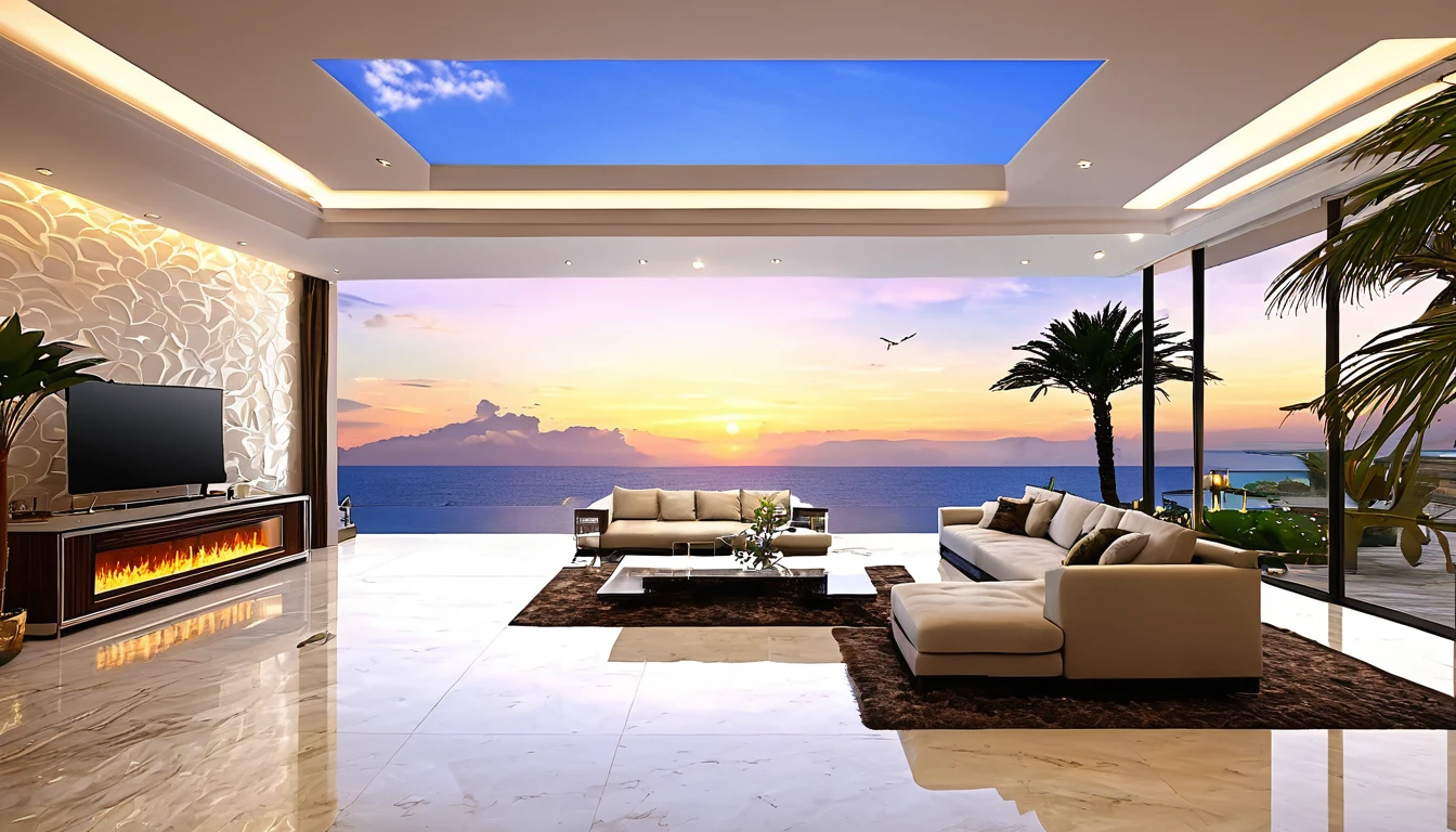 ((Beautiful Clouds))Designer lighting in front、There is a sofa and a coffee cup on the table、There is a waterfall nearby、Sunset and sea in the distance,(High-quality poolside flooring),There is a wall-mounted TV、Screen 70%The sea,4K,Ultra HD,Extravagant space,Ambient indirect lighting,Palm tree,rich,rich,VIP,VIP、There is a Monstera potted plant.