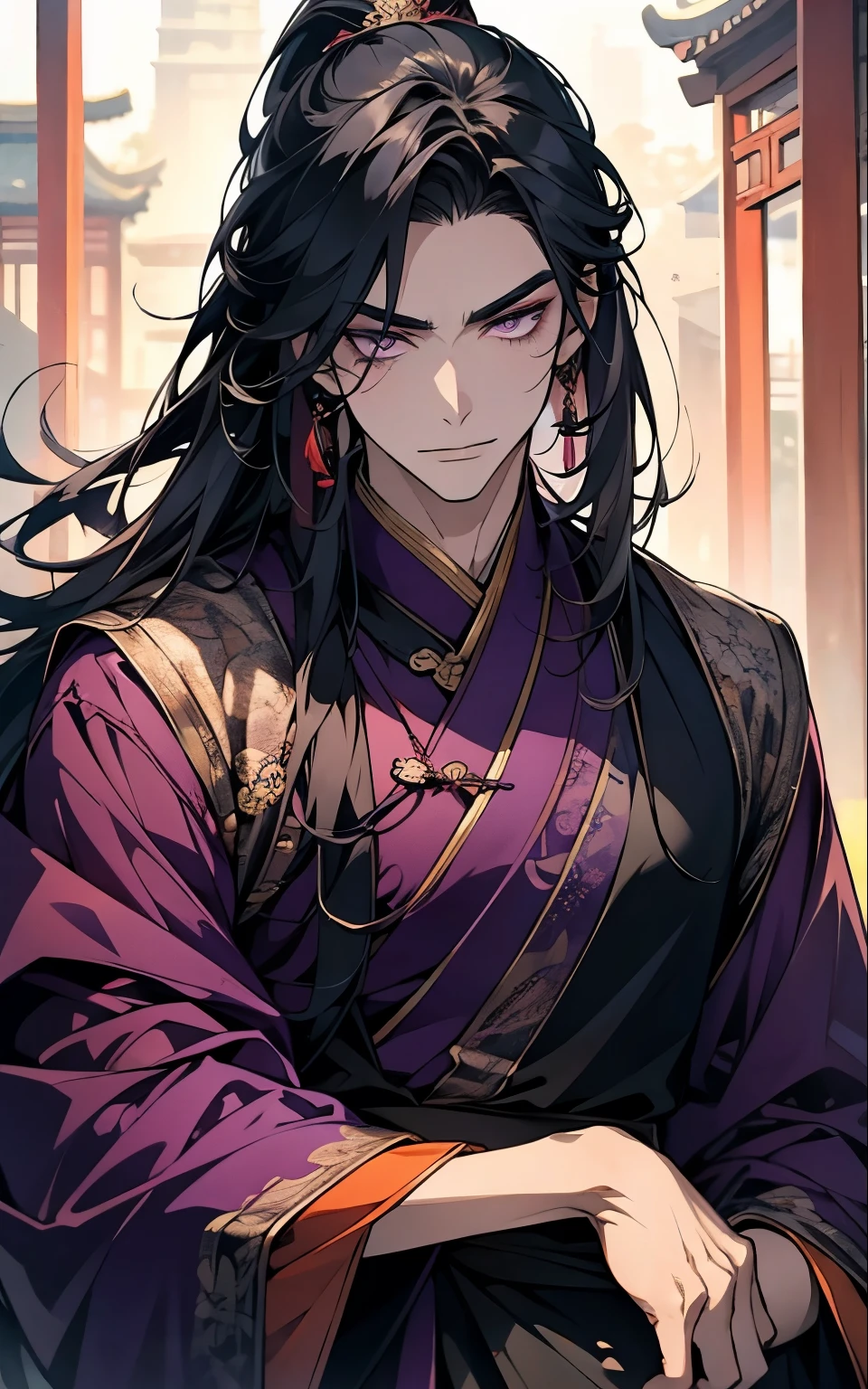 1 middle-aged man, (45 years old), long black hair, violet eyes, chinese clothes, (!PURPLE! clothes), available at purple chinese room, portrait