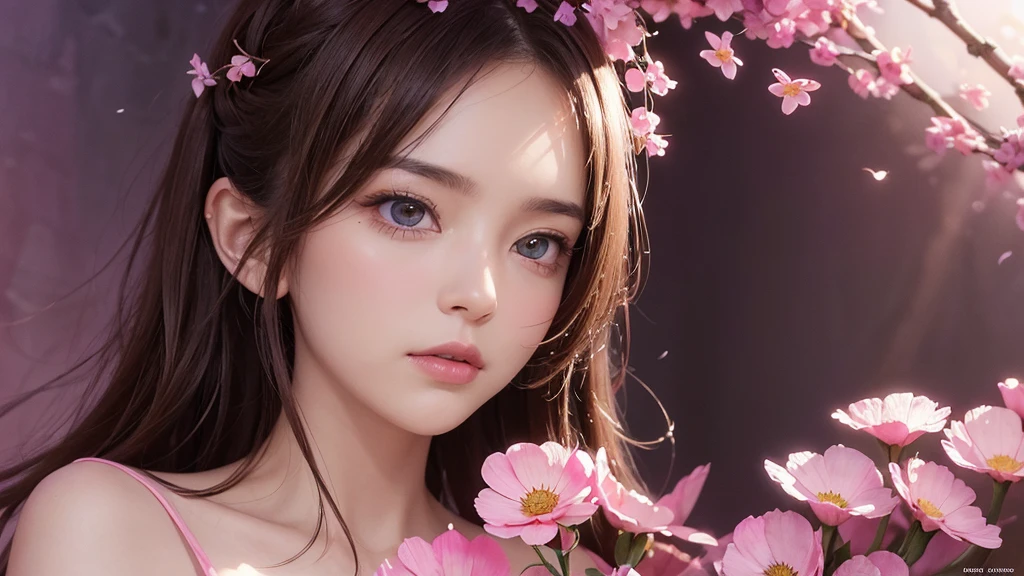 32k, Masterpiece, Highest quality, One girl, Detailed eyes, flower,Sandersonia, Pink and brown style,A dreamy, romantic piece,Pale pink, Mysterious Leaves,A playful arrangement,Fantasy,High Contrast,Ink strokes,explosion,Exposure, Impression of pink and brown tones,Abstract,((Watercolours by John Berkey and Jeremy Mann )) Brush strokes,Negative Space, Tyndall effect,