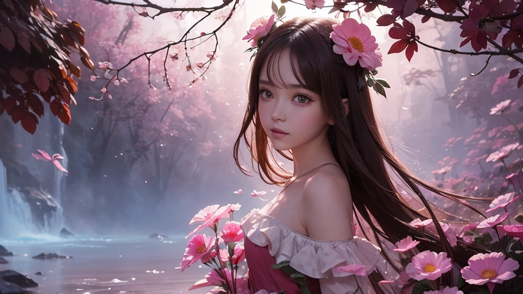 32k, Masterpiece, Highest quality, One girl, Detailed eyes, flower,Sandersonia, Pink and brown style,A dreamy, romantic piece,Pale pink, Mysterious Leaves,A playful arrangement,Fantasy,High Contrast,Ink strokes,explosion,Exposure, Impression of pink and brown tones,Abstract,((Watercolours by John Berkey and Jeremy Mann )) Brush strokes,Negative Space, Tyndall effect,