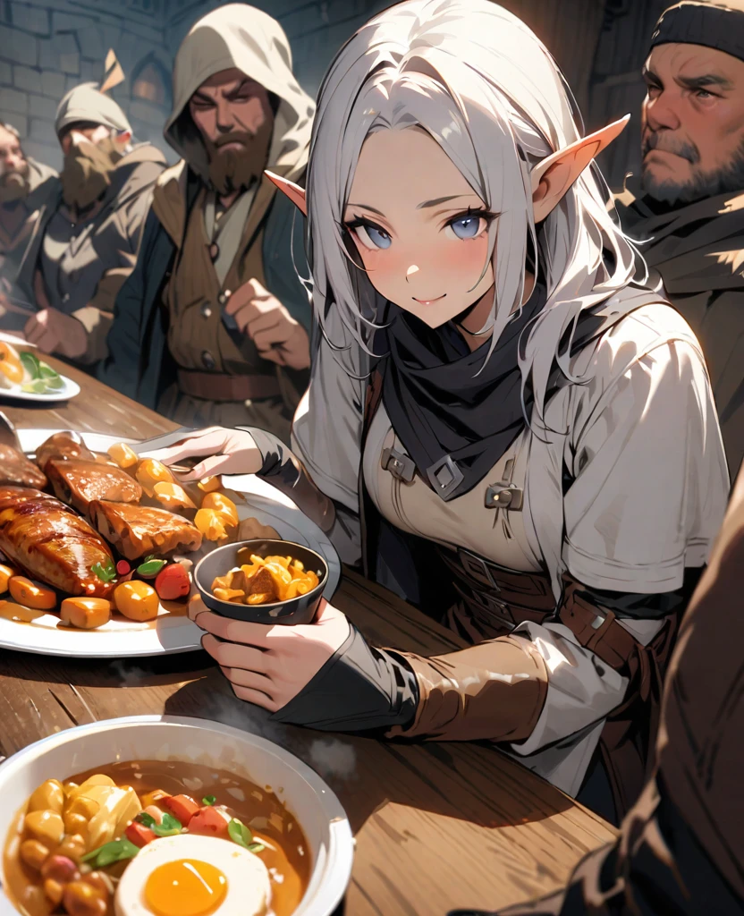 (best quality, masterpiece, ultra highres, ultra-detailed:1.2) , Dwarf warrior,Human knight,Elf Wizard,Half-footed Adventurer,Everyone gathers around the table to enjoy the food,detailed face,at dungeon,"Delicious in Dungeon",