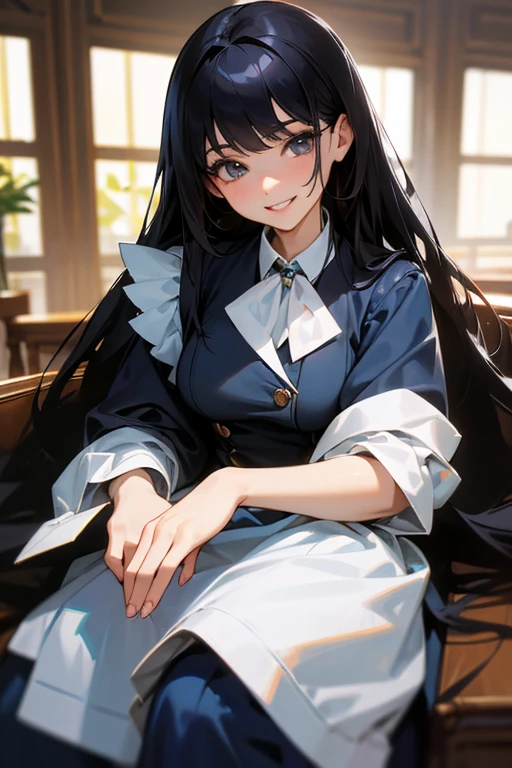 (Highest Resolution, clear_image) Highest quality, One woman, alone, masterpiece, Very detailed, Semi-realistic, Black Hairのショートヘア, Black Hair, bangs, 18-year-old, mature, light blue uniform, uniform, Indoor Background, kind, Authoritative, Powerful, exquisite features, exquisite features、Eyelashes become longer、Showing teeth、smile😀、Maid clothes、woman'Fingers in the、Sleeping on the sofa、Long Hair、Fluttering in the wind、Navy blue clothes、Long Hair、I'Carrying the plate、Long Hair、Laugh gently、