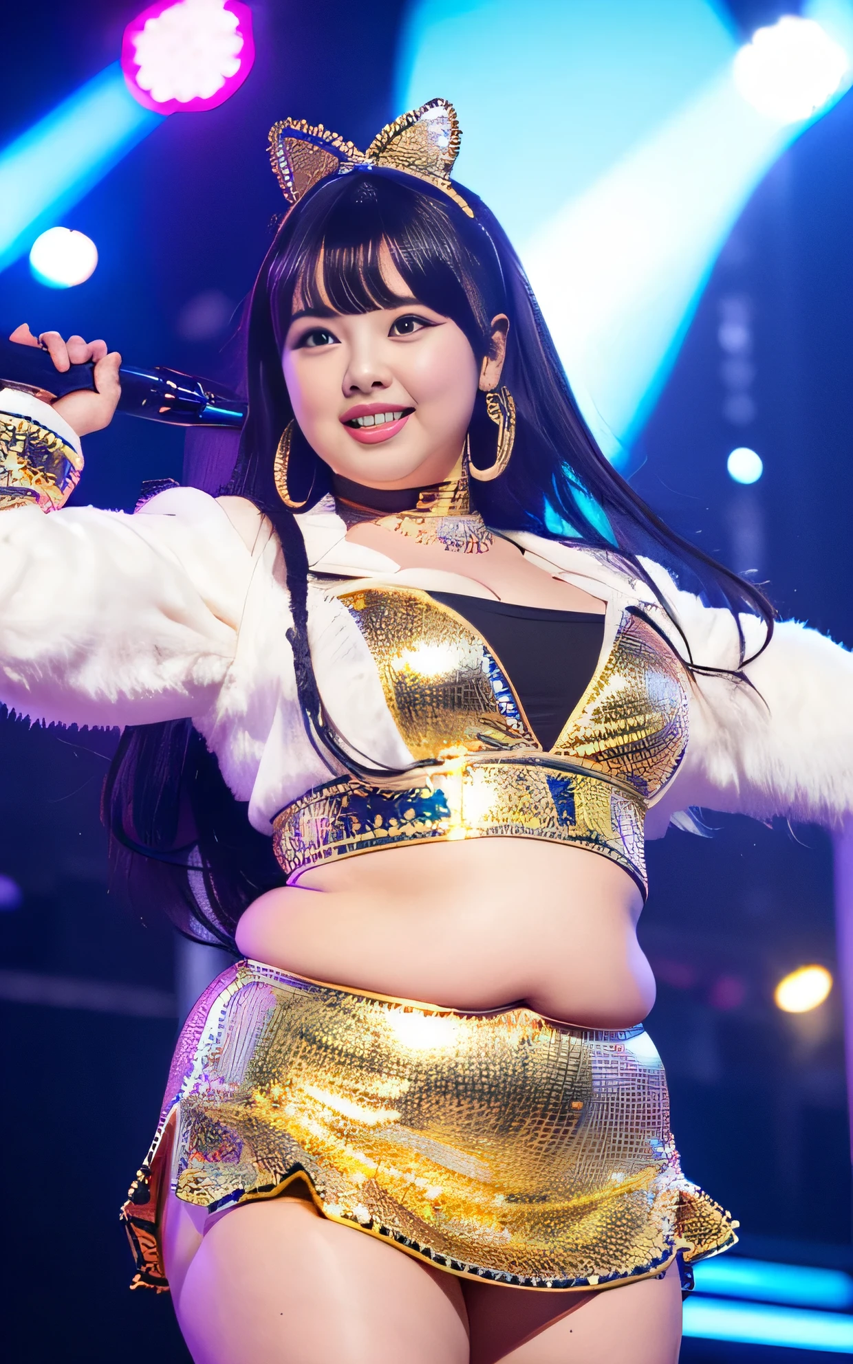 ((8K)), highest quality, 超High resolution, (Surreal)、(High resolution), 1 girl, idol, ((idol costume)), Overweight, extremely fat, ((Chubby)), stage, dancing, ((overhead shot))