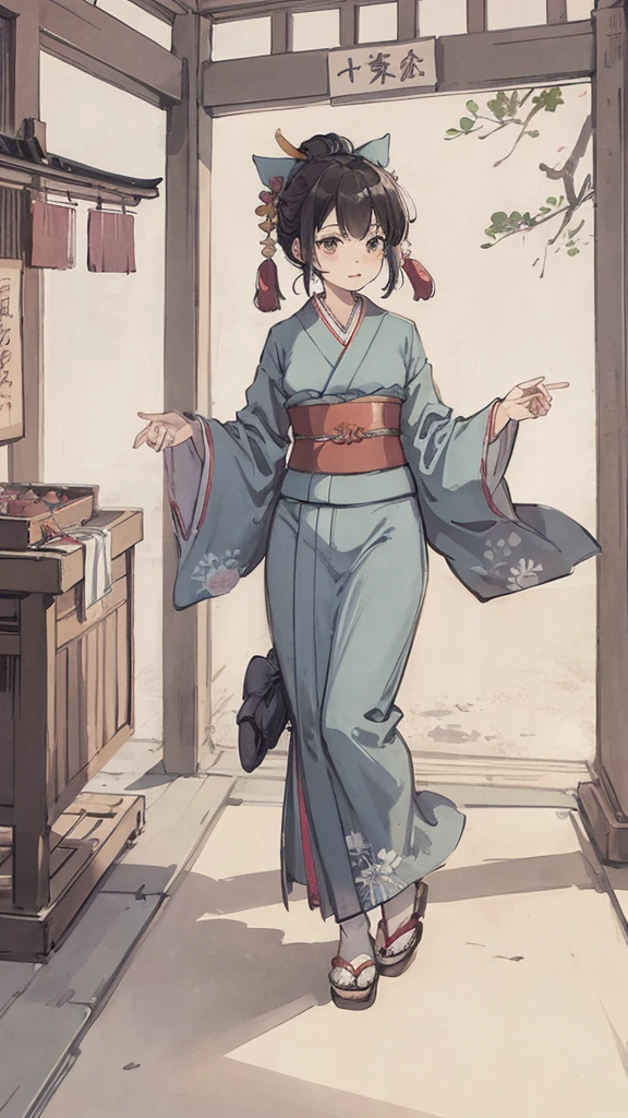 Japanese style light blue kimono、Visiting a shrine