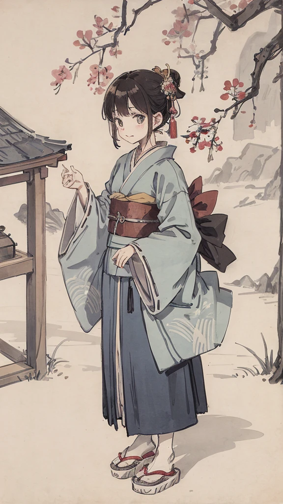 Japanese style light blue kimono、Visiting a shrine