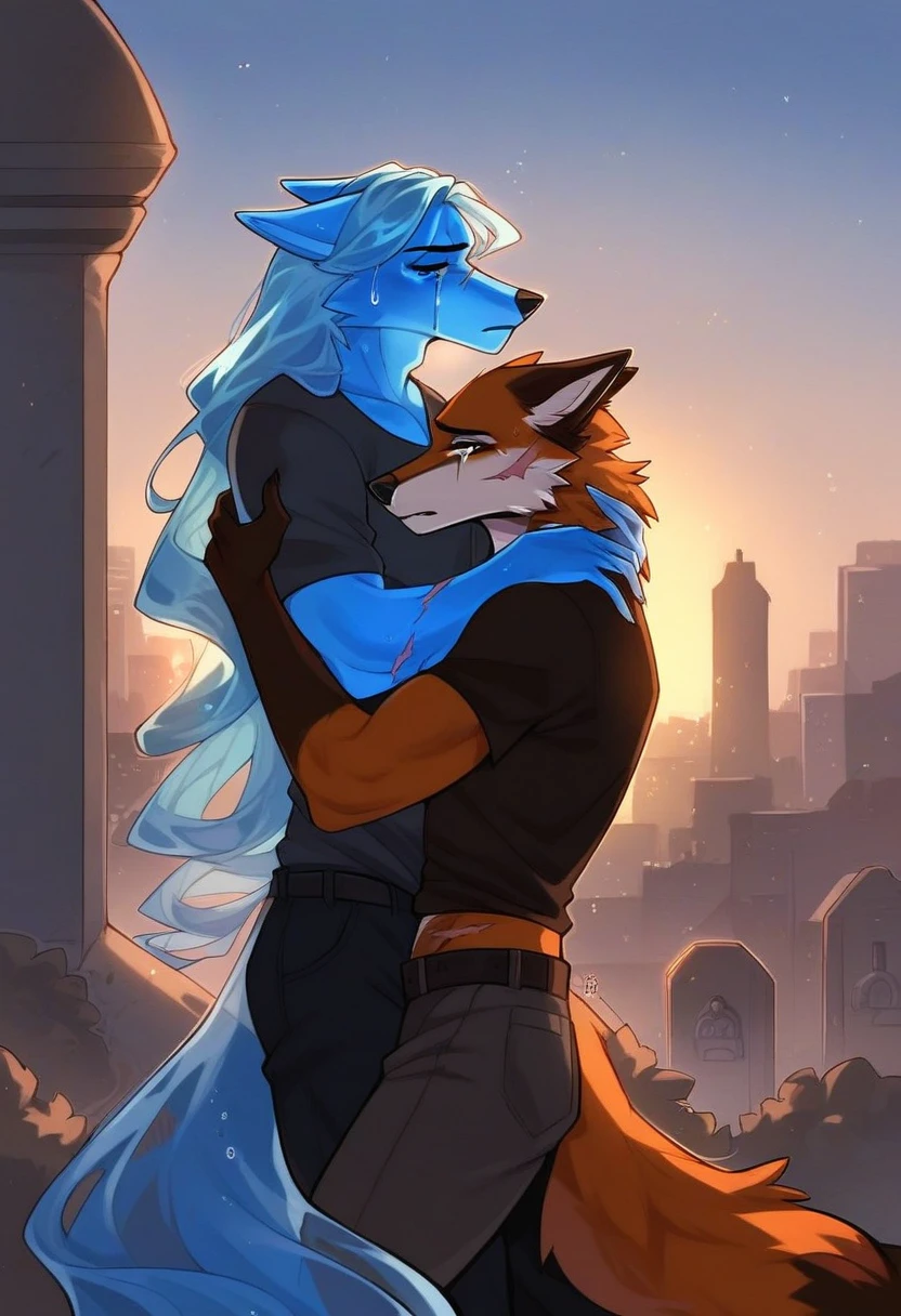 score_9, score_8_up, score_7_up, ((fox, anthro, female, dark brown fur, chocolate fur, long hair, curly hair, kneeing, dressed, serene, sad, crying, hugging, heartbreak)), graveyard, tombstones, city, sunset, wind, dynamic lighting, beautiful, embracing, ((wolf, anthro, (male:1.5), (transparent light blue skin1.5), transparent, scars:1.35)), love, loss