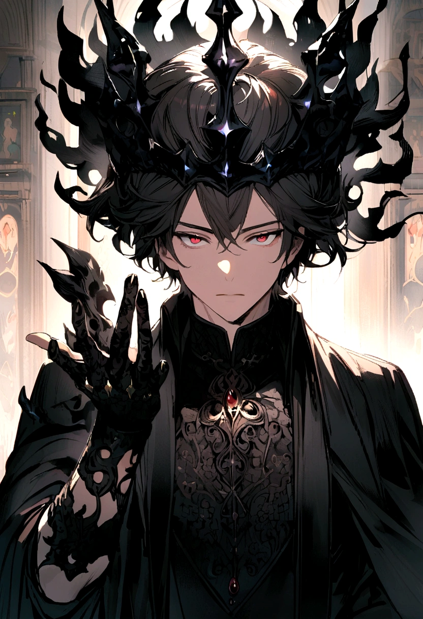 boy with black fire in his hand wearing a black crown on his head with emerald stones and rubies with scarlet red eyes