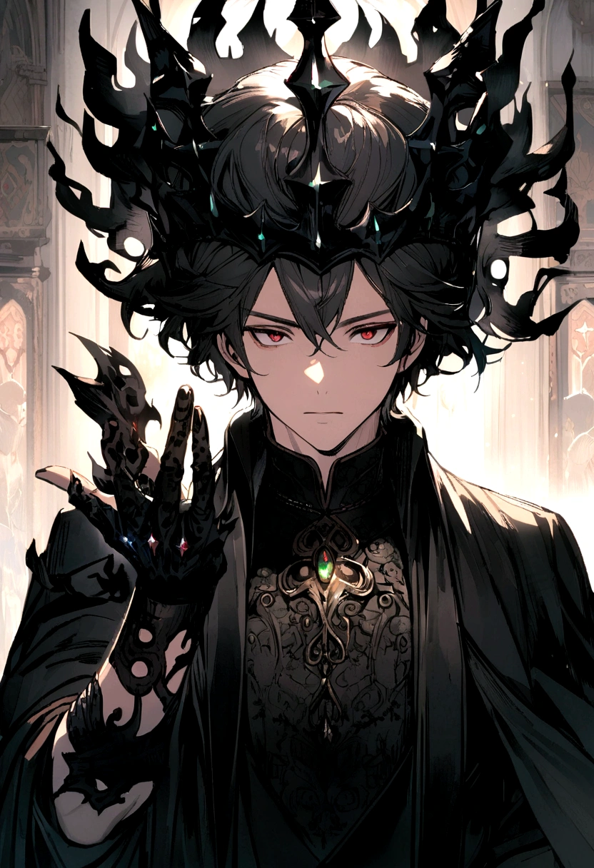boy with black fire in his hand wearing a black crown on his head with emerald stones and rubies with scarlet red eyes