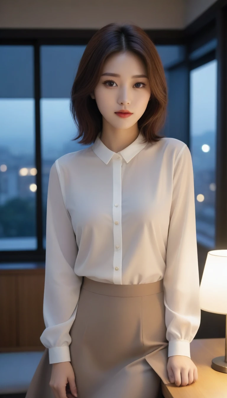 Close-up of a beautiful Korean woman, 29&quot; chest, wearing a long sleeve shirt, skirt, elegant expression, Look directly into the camera, Place a cup of coffee in the apartment, Scenery background, night, Short hair front view, Ultra HD