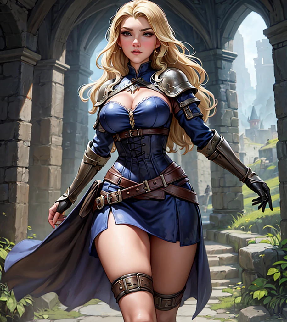 (((Solo character image.))) (((Generate a single character image.))) (((Dressed in medieval fantasy attire.))) (((Dressed in medieval fantasy attire.))) Create a captivating and enigmatic female warrior reminiscent of glamor models Anastasia Kvitko and Louisa Khovanski. This character is renowned for her remarkable 112-63-118 figure. She exudes an air of elegance and mystery. (((Sultry blonde hair.))) (((Perfect body.)))
Imagine a thrilling female adventurer in a high-fantasy setting, akin to a swashbuckler. We need a single character portrait with intricate details, wearing fantasy attire. She should be adorned in leather armor and a tight corset, exuding a shadowy and athletic demeanor.
Her body is agile and toned, like that of a gymnast, and she strikes an action pose. She is clad in medieval clothing, and her arched eyebrows give her a sassy and attractive appearance. Her face is strikingly gorgeous, with a sneaky and sly expression in her evil glare.
Her hair is both very sexy and alluring, cascading in intricate waves. She possesses firm breasts and an air of arrogance. Her body is beautifully detailed and realistic.
The artwork should be hyper-detailed and worthy of trending on platforms like ArtStation. This is a character portrait designed for use in Dungeons & Dragons, Pathfinder, Skyrim, Lord of the Rings, Game of Thrones, or similar high-fantasy settings. Please ensure the image is centered and presented in ultra HD quality, possibly 8k resolution, with an epic masterpiece level of detail.