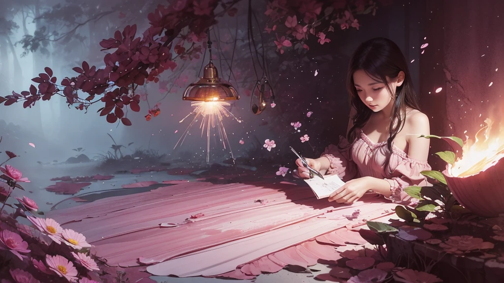 32k, Masterpiece, Highest quality, One girl, Detailed eyes, flower,Sandersonia, Pink and brown style,A dreamy, romantic piece,Pale pink, Mysterious Leaves,A playful arrangement,Fantasy,High Contrast,Ink strokes,explosion,Exposure, Impression of pink and brown tones,Abstract,((Watercolours by John Berkey and Jeremy Mann )) Brush strokes,Negative Space, Tyndall effect,