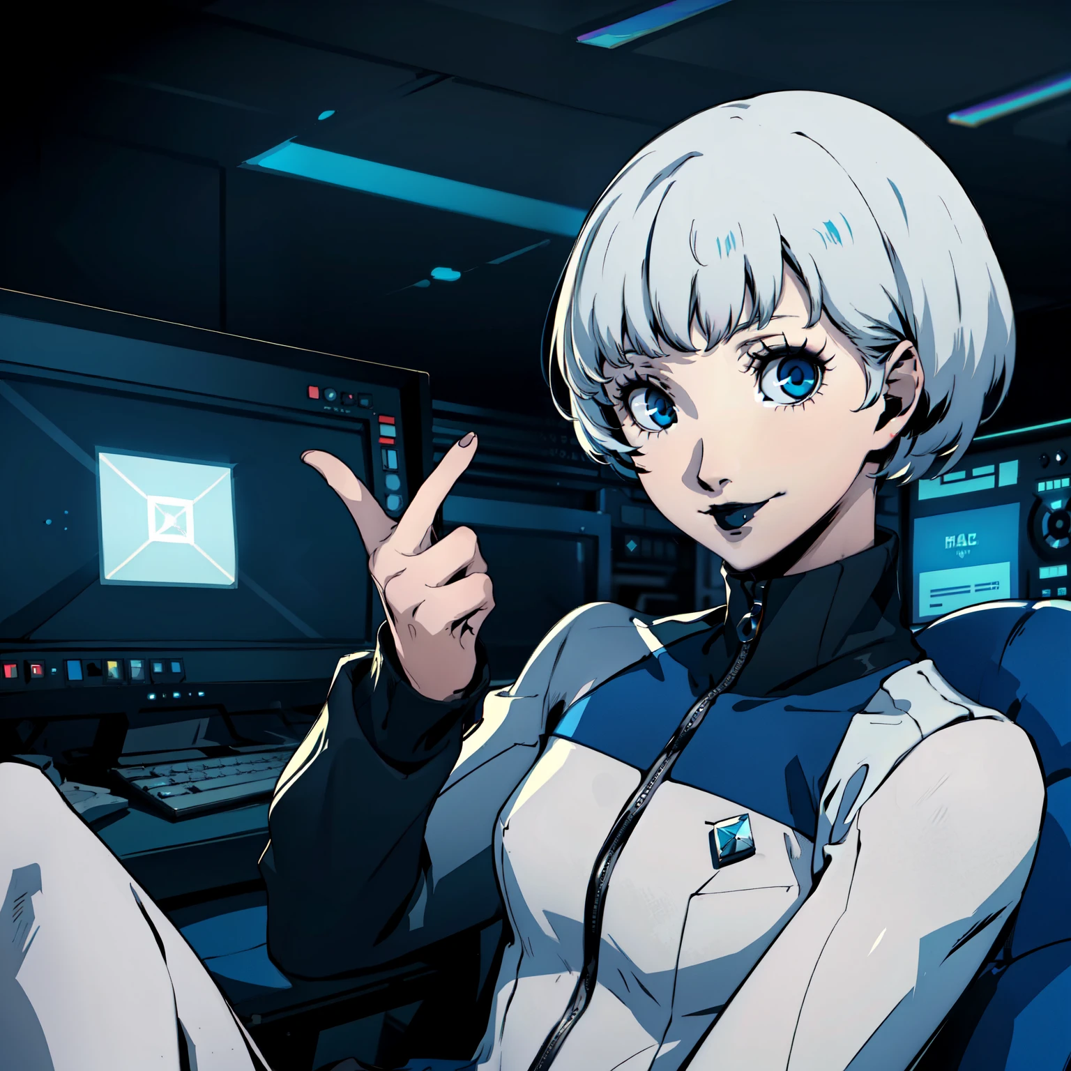 masterpiece, ((best quality)),((1 girl)), blue eyes, very Short hair, black lipstick, white hair, female , tomboy Pixie haircut, deep blue suit, white hair, white hair,smiling,hacker,in the,dark room,sitting,looking monitor,cute