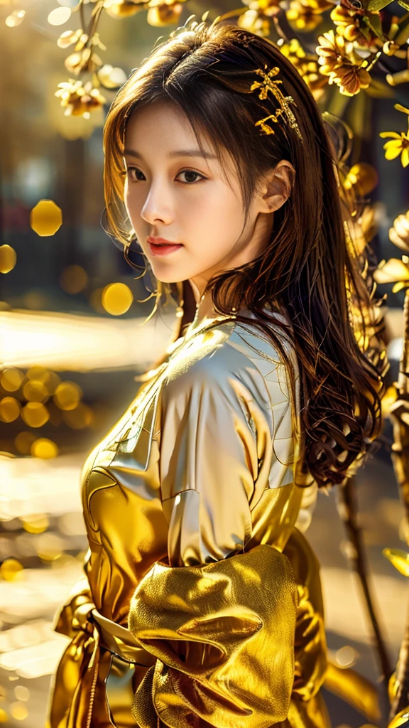 Stunning Kim Jisoo, cover in golden liquid shining golden flowers in her hair, beautiful, magical, volumetric light, detailed, Rembrandt lighting bokeh