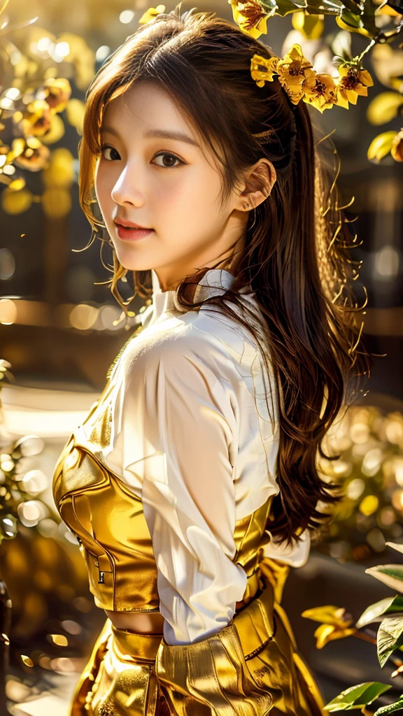 Stunning Kim Jisoo, cover in golden liquid shining golden flowers in her hair, beautiful, magical, volumetric light, detailed, Rembrandt lighting bokeh