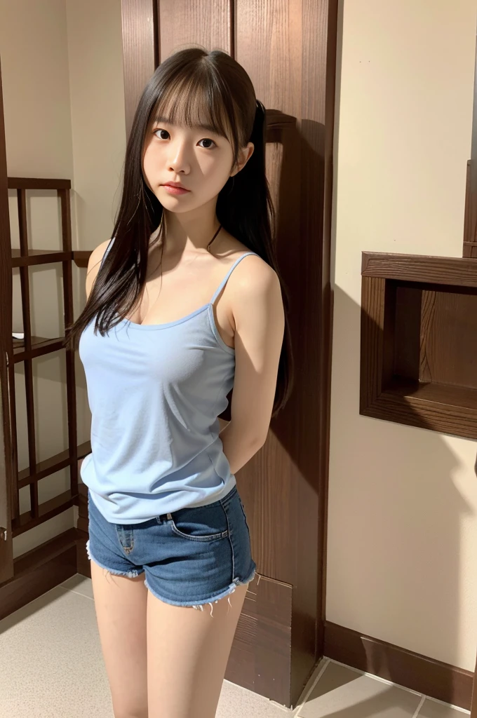 Picture taken from the front, with the left and right sides equally spaced, equally spaced left and right, Locked in castle basement, cowboy shot, (arms behind back), One girl, camisole, shorts
