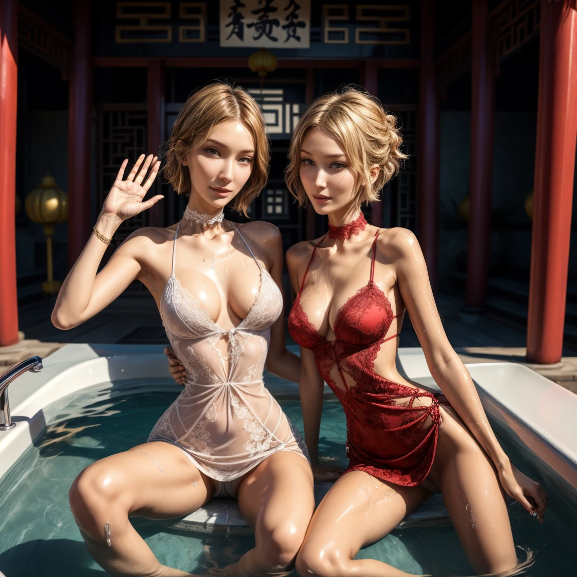 ((2 girls)), short blond hair, ceremonial hair brush, detailed face, bella hadid, sitting near a bathtub, (open legs, legs spread), in a Chinese temple, ((body soaking wet)), wearing Chinese red micro-dress with crossed-lace open side, deep cleavage, exposed pussy, high heels, barepussy, lace glove, lace choker, small breast, wide hips and thighs, waving hello, smile, happy face.