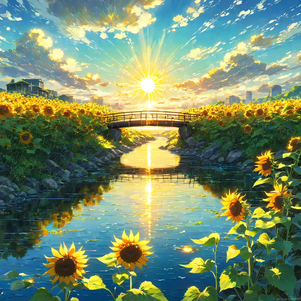 Van Gogh, sunflower畑, sunflower, yellow, orange, sun, blue sky, cloud, Brushwork, oil, Powerful touch, passion, river, Blue Water, reflection, bridge, wood々, green, vitality, Landscape painting, Famous Paintings, art ,beautiful Anime Scenery, Landscape painting, Beautiful digital painting, Andreas Rocha, 美しいartワークのイラスト, Awesome Wallpapers, Raymond Han, Tall beautiful paintings, Studio Greeble Makoto Shinkai, Beautiful Wallpapers, Anime Scenery