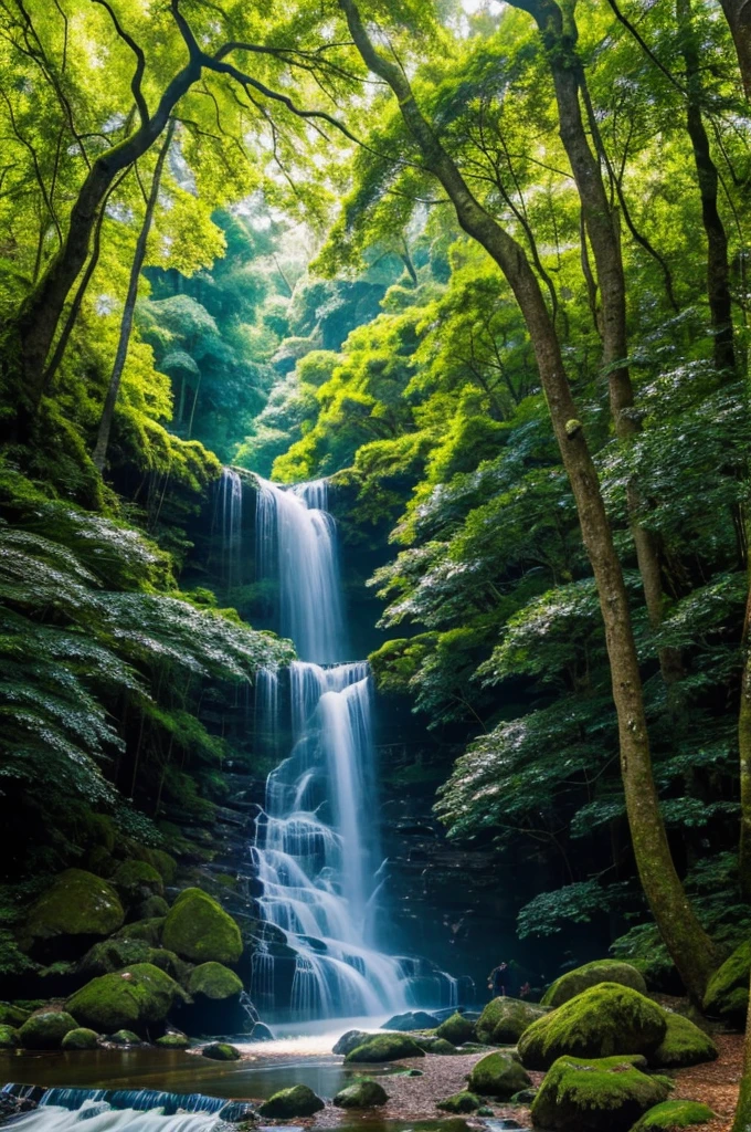 That sounds like a beautiful and vibrant scene! Here’s a description of it:
"In a lush, verdant forest, countless colorful peacocks with iridescent feathers strut gracefully, adding splashes of brilliant blues, greens, and golds to the landscape. Nearby, a light green waterfall cascades gently down moss-covered rocks, its refreshing mist glistening in the dappled sunlight. Towering, ancient trees with thick trunks and sprawling canopies provide a serene and majestic backdrop, their leaves rustling softly in the breeze. The harmony of nature's colors and sounds creates a mesmerizing and tranquil atmosphere, inviting visitors to immerse themselves in the beauty of this enchanting place."
Is this the kind of description you were looking for?