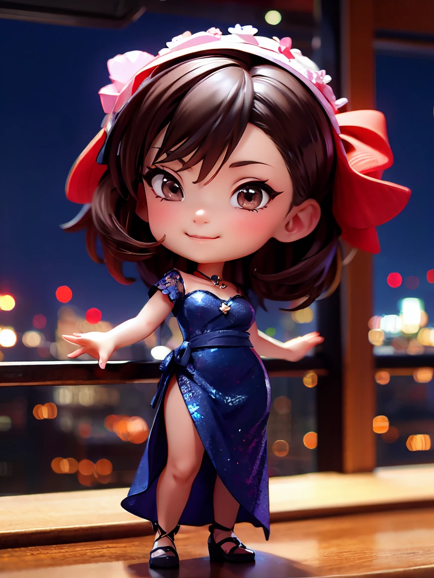 chibi, chibi figure, With the night view of the city in the background、A woman in an evening dress is standing in front of the camera。Her dress reflects the city lights、Her beauty is further enhanced。