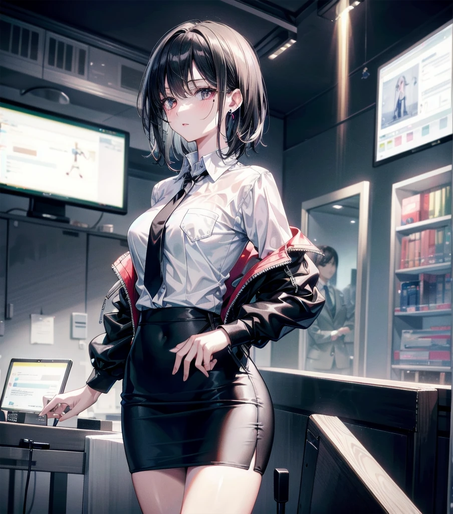 RAW photo, extremely delicate and beautiful, masterpiece, Best Quality, ultra high resolution, 16k, photorealistic, ultra detailed description, pale skin, in her 20s, whole body, medium tits, medium hair, black hair, tearful mole, earring, business suit, pencil skirt, unbuttoned shirt, tie,