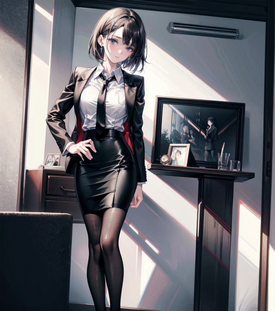 RAW photo, extremely delicate and beautiful, masterpiece, Best Quality, ultra high resolution, 16k, photorealistic, ultra detailed description, pale skin, in her 20s, whole body, medium tits, medium hair, black hair, tearful mole, earring, business suit, pencil skirt, unbuttoned shirt, tie,