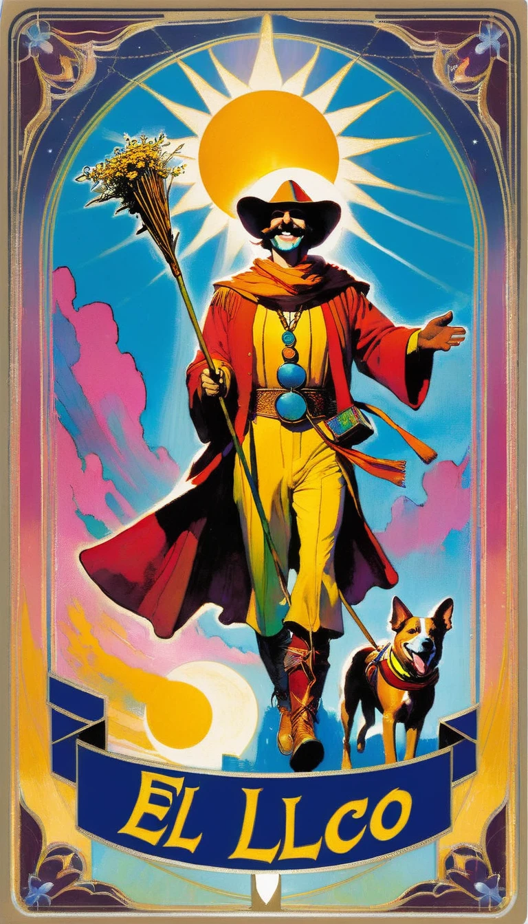 tarot card, the fool, happy man next to a dog walks with a bag tied to a stick, bright sun, tarot card frames ((text on card: "EL LOCO")) (art inspired by Bill Sienkiewicz). bright colors, oil painting)