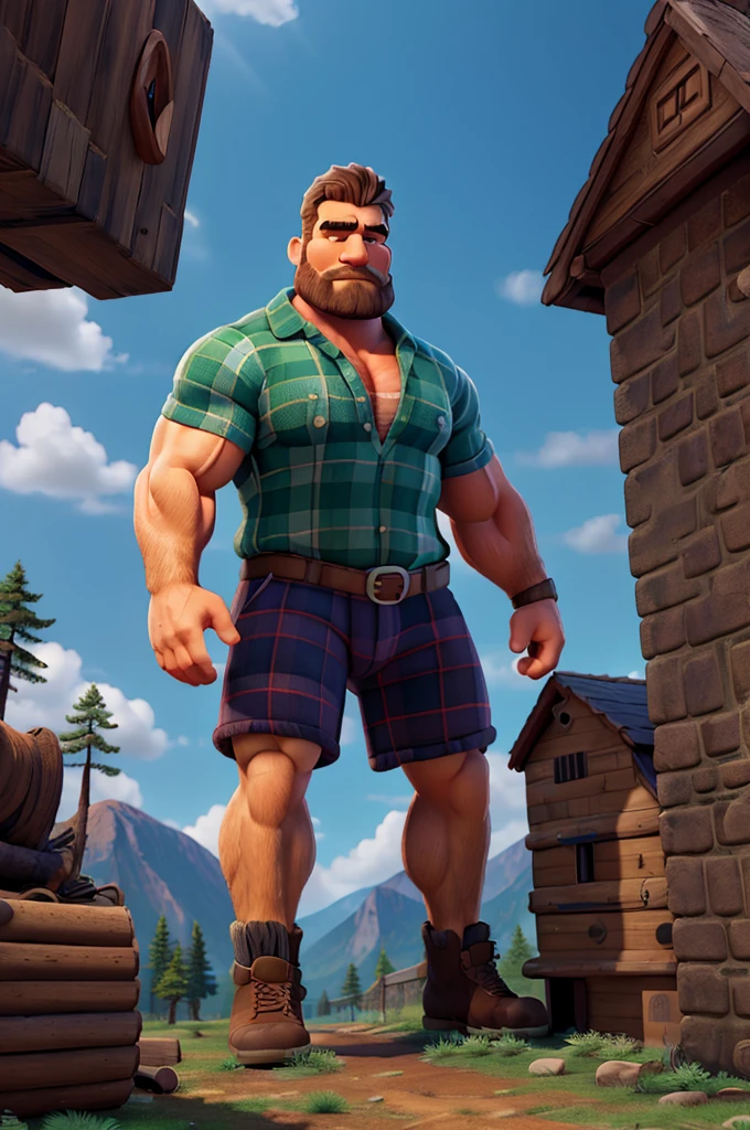a lumberjack with giant muscles, extremely detailed and realistic,extremely muscular paul bunyan with bulging biceps and pecs,climbing down a giant beanstalk towards a castle in the clouds,masterpiece,hyper detailed,photorealistic,8k,cinematic lighting,dramatic shadows,dynamic pose,vibrant colors