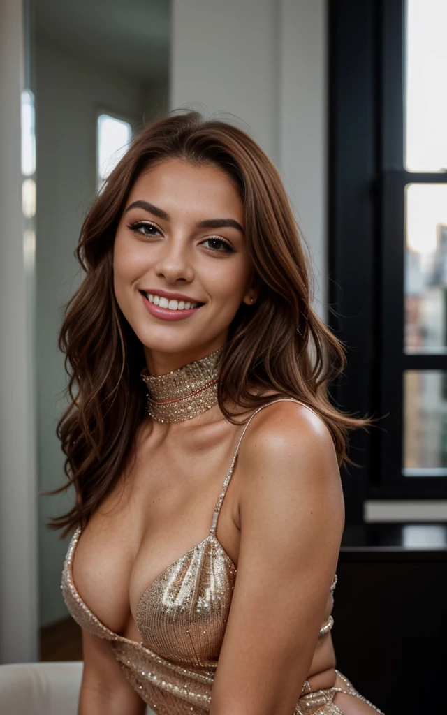 22-year-old woman, an elegant appearance. My brown hair falls in long waves over my shoulders and hangs down at the sides of my breasts, frames my face and highlights my green eyes. My full, red lips are shaped into a smile. My snub nose is covered with freckles, which contrast with my tanned skin. My eyebrows are thick and dark, gives me a seductive look. My cheekbones are high and defined, and my eyelashes are long and curved. shows my curves. The 22-year-old model poses in the front of a modern loft. It is night and through the window you can see the lights of a city. Her pose is elegant and relaxed, with the body facing the camera, Face turned to the side. the model wears a sparkly g highneck gown. Ihr Haar ist offen and her makeup is light and natural. The shot is far away from the model, with the camera positioned slightly lower, to highlight their beauty. there is a vintage film atmosphere, she laughs and smiles . she seems happy. she has white teeth. hands not in picture. Iphone13 quality