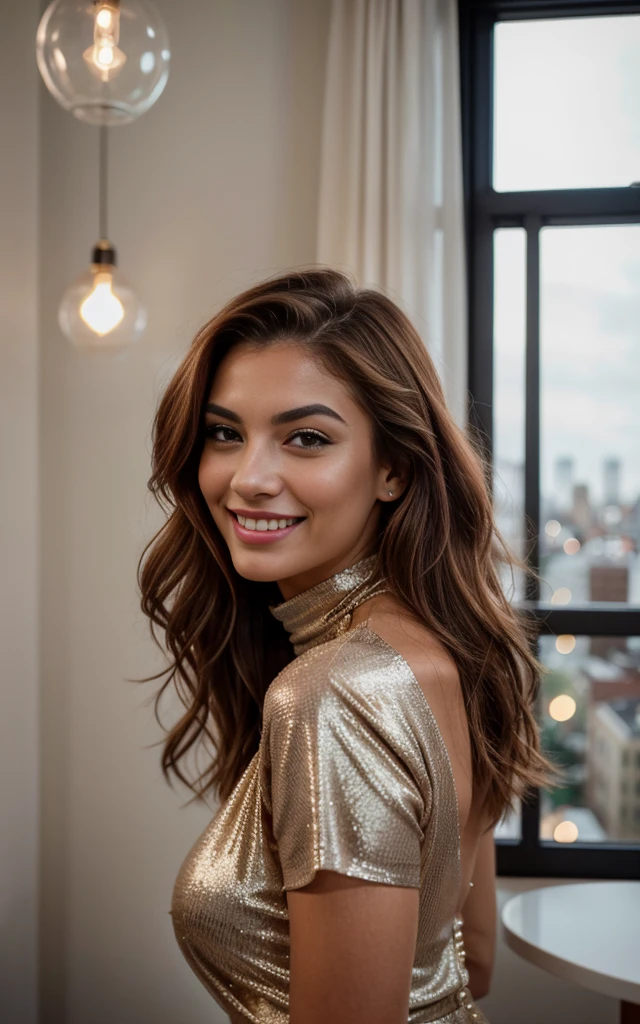 22-year-old woman, an elegant appearance. My brown hair falls in long waves over my shoulders and hangs down at the sides of my breasts, frames my face and highlights my green eyes. My full, red lips are shaped into a smile. My snub nose is covered with freckles, which contrast with my tanned skin. My eyebrows are thick and dark, gives me a seductive look. My cheekbones are high and defined, and my eyelashes are long and curved. shows my curves. The 22-year-old model poses in the front of a modern loft. It is night and through the window you can see the lights of a city. Her pose is elegant and relaxed, with the body facing the camera, Face turned to the side. the model wears a sparkly g highneck gown. Ihr Haar ist offen and her makeup is light and natural. The shot is far away from the model, with the camera positioned slightly lower, to highlight their beauty. there is a vintage film atmosphere, she laughs and smiles . she seems happy. she has white teeth. hands not in picture. Iphone13 quality
