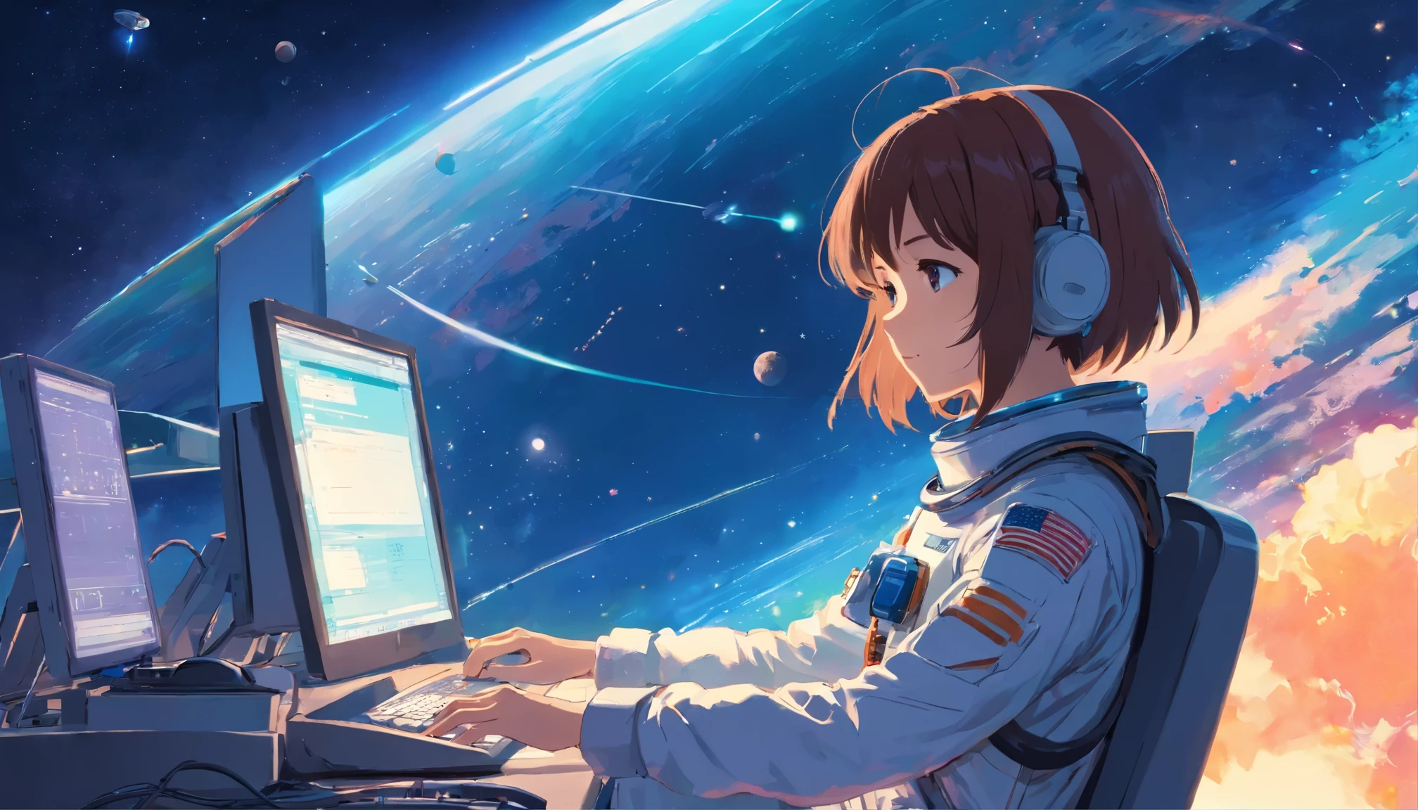 Japanese style,Rocket,astronaut with computer, social media post, space,guweiz style artwork, guweiz, Shinkai Makoto's Artistic Style, 4k comic illustration, cartoon