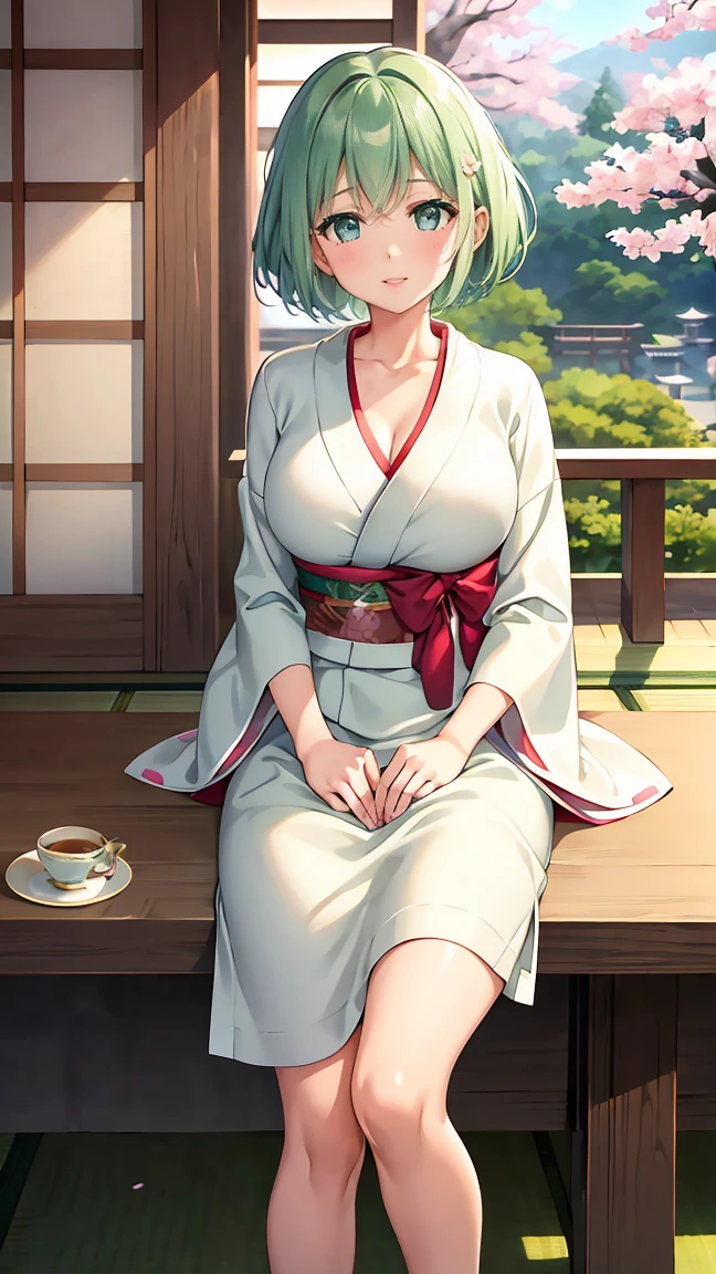 Girl with short green hair, Small breasts, Green Eyes, White Casual Wear Beauty Special、(((tits))),Full body photo from head to toe、Kimono、Patterned Japanese clothing、Cherry tree in full bloom、Fluttering petals、Tea Ceremony、Graceful Manners、Tea party、Chatting in a Japanese-style room