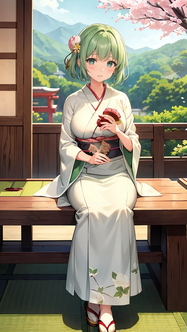 Girl with short green hair, Small breasts, Green Eyes, White Casual Wear Beauty Special、(((tits))),Full body photo from head to toe、Kimono、Patterned Japanese clothing、Cherry tree in full bloom、Fluttering petals、Tea Ceremony、Graceful Manners、Tea party、Chatting in a Japanese-style room