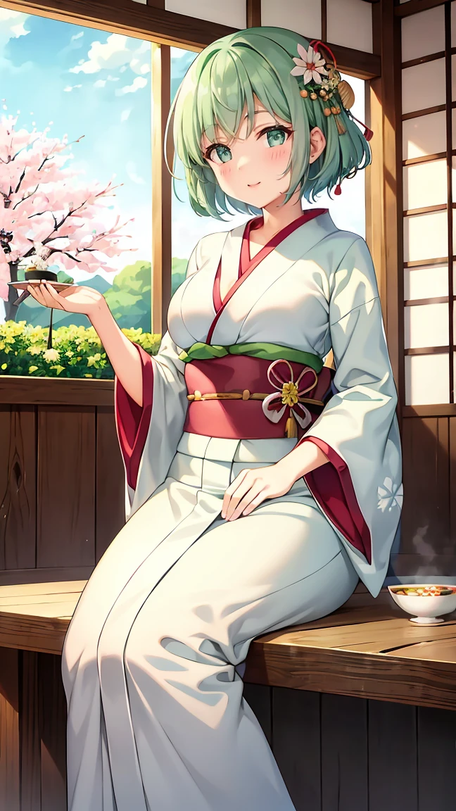 Girl with short green hair, Small breasts, Green Eyes, White Casual Wear Beauty Special、(((tits))),Full body photo from head to toe、Kimono、Patterned Japanese clothing、Cherry tree in full bloom、Fluttering petals、Tea Ceremony、Graceful Manners、Tea party、Chatting in a Japanese-style room