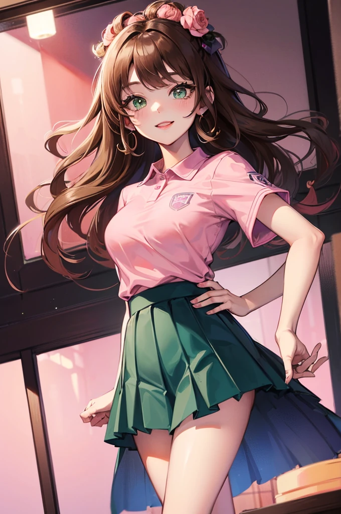 Cute trans girl, green eyes, wavy dark brown hair, fair skin, smiling, C+ cup breasts, bit wide hips, 1,61cm height, wearing a pink polo top colored pink and a peach pastel light color pleated skirt colored light peach pastel color, a bulge in the crotch area of the skirt.