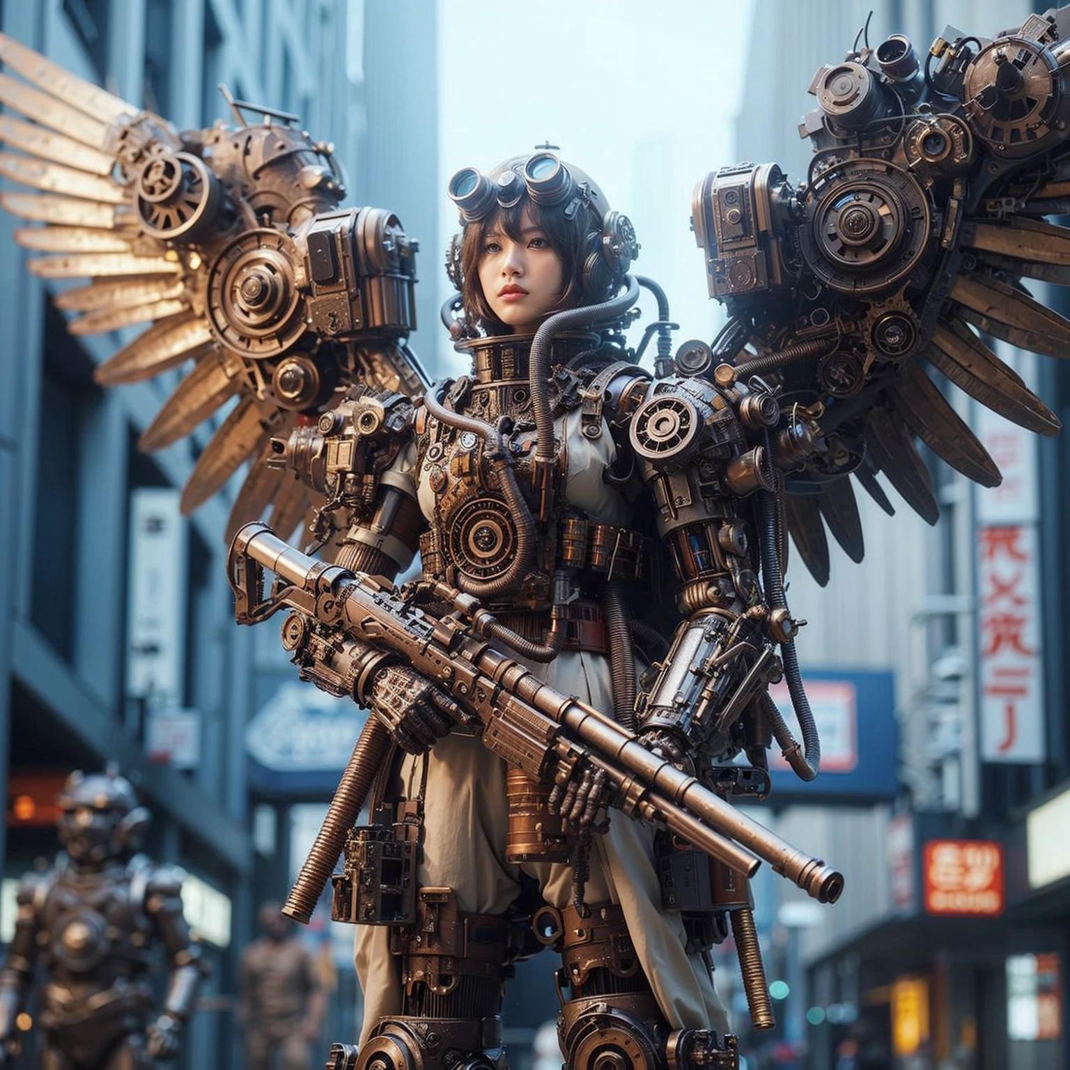 superrealism, ultra high res,8k,(Photorealsitic:1.4), (crab-like mechanical suit:1.2), designed by Hajime Katoki,heavy weapons,vivid textures,animal legs, gradation hair, japanese female soldier,(ultra beautiful face),((super realistic all textures)), ((super intricate all details)), Realistic detail enhancement like Magnific AI, full body shot, ultra sharp photo result, Acrylic Clear Cover, Hydraulic cylinder, style, taken with Fuji film X-T30+Nokton. HDR10,Minimum of 4 pieces created