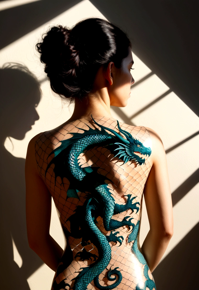 photoillustrasion of double exposure of merged, a woman, a dragon (transparency effect shadow on her back),  seamless mix, texture and pattern, transparency effect, dramatic shadows and lights, interlacing elements, back view