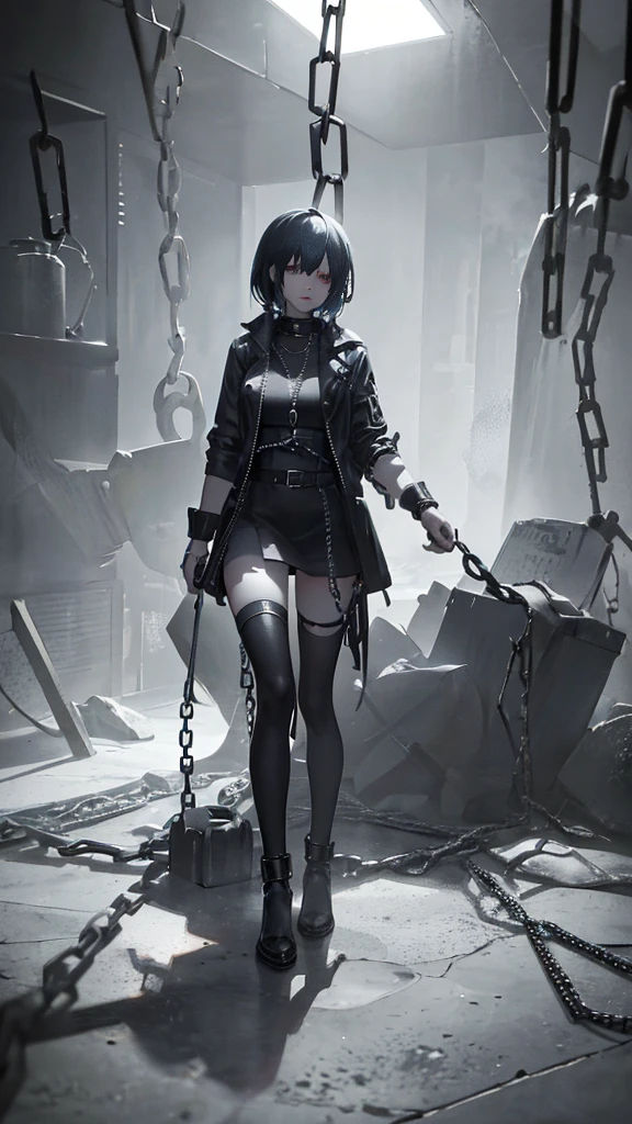 a crazy girl - prisoner, chains on legs, insane eyes, lots of chains, handcuffs, dynamic pose, intricate details, dark and gritty atmosphere, cinematic lighting, dramatic shadows, moody colors, high contrast, octane render, 8k, photorealistic, hyper detailed, masterpiece