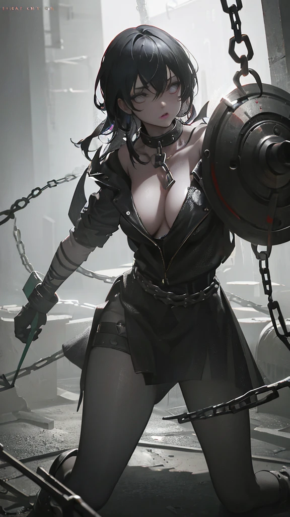 a crazy girl - prisoner, chains on legs, insane eyes, lots of chains, handcuffs, dynamic pose, intricate details, dark and gritty atmosphere, cinematic lighting, dramatic shadows, moody colors, high contrast, octane render, 8k, photorealistic, hyper detailed, masterpiece