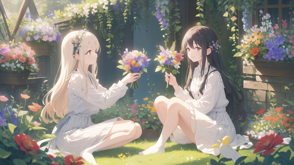 Long Hair,One girl,
(masterpiece),(Excellent anatomy),(最high quality),(figure),
High Waist Skirt,White Skirt,
Soft lighting,high quality,
White shirt,A kind smile,Calm Eyes,Cozy atmosphere,Gentle lighting,(admiring Flowers:1.1),(Low posture:1.2),Focused Expression,squat,Kneel,surrounded by Flowers,(No shoes:1.3),Thighs under the dress,(Put your knees on the ground:1.5),Legs under the dress,
garden,Flowers,(Flowers in hand:1.4),holding a small bouquet of Flowers,(bird:1.1),colorful,(Floral foreground:1.2),Depth of written boundary,Grass,Shadow,
