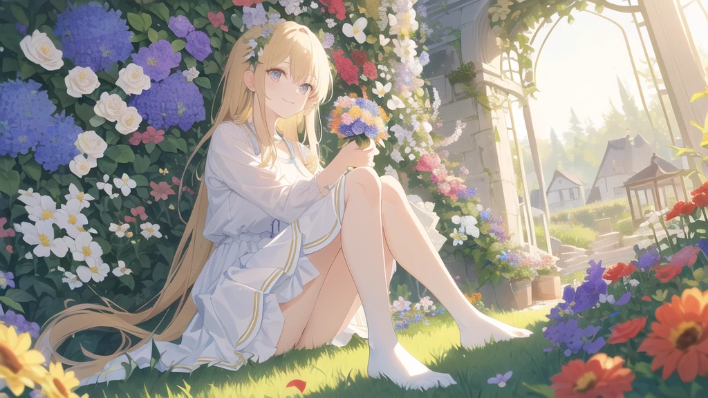 Long Hair,One girl,
(masterpiece),(Excellent anatomy),(最high quality),(figure),
High Waist Skirt,White Skirt,
Soft lighting,high quality,
White shirt,A kind smile,Calm Eyes,Cozy atmosphere,Gentle lighting,(admiring Flowers:1.1),(Low posture:1.2),Focused Expression,squat,Kneel,surrounded by Flowers,(No shoes:1.3),Thighs under the dress,(Put your knees on the ground:1.5),Legs under the dress,
garden,Flowers,(Flowers in hand:1.4),holding a small bouquet of Flowers,(bird:1.1),colorful,(Floral foreground:1.2),Depth of written boundary,Grass,Shadow,