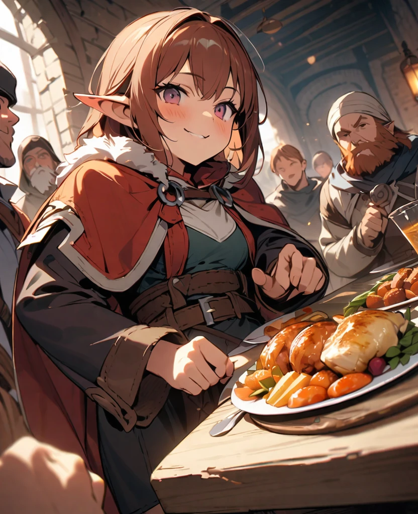 (best quality, masterpiece, ultra highres, ultra-detailed:1.2) , "Delicious in Dungeon",Dwarf warrior,Human knight,Elf Wizard,Half-footed Adventurer,Everyone gathers around the table to enjoy the food,detailed face,at dungeon,