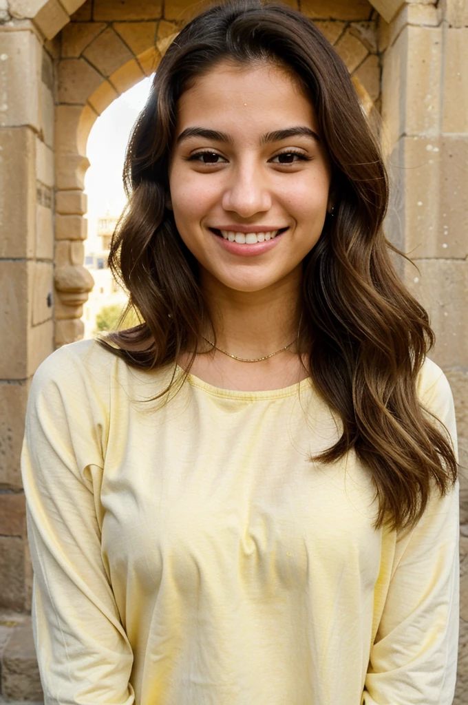 20YO, small nose, one women,attractive, Jordanian, Arab, Bright Yellow shirt, cute smile, cute face, white teethes, skinny face, light brown eyes, black/blonde long hair, modest