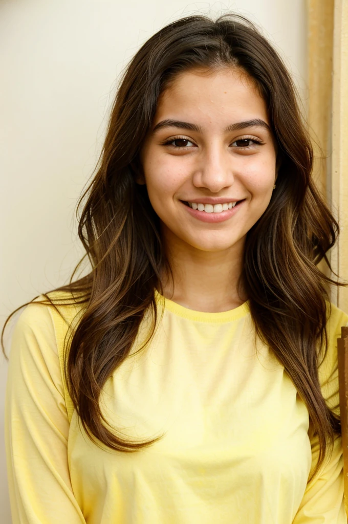 20YO, small nose, one women,attractive, Jordanian, Arab, Bright Yellow shirt, cute smile, cute face, white teethes, skinny face, light brown eyes, black/blonde long hair, modest