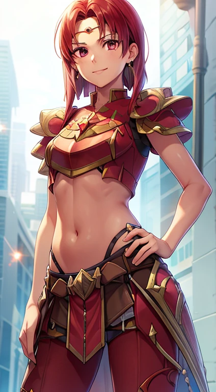 masterpiece, Highest quality,masterpiece, Highest quality, Lady, Circlet, Earrings, armor, Elbow hand pockets,サイハイブーツのmasterpiece, Highest quality, smile, Are standing, Lance, abdomen, abdomen, Long and thin navel