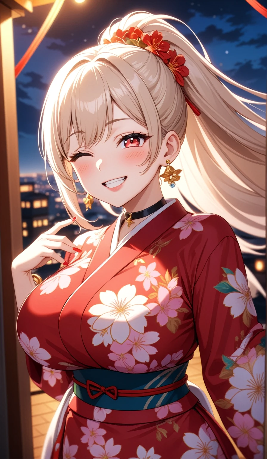 ((One personの女性)), Beautiful Face,Laughing embarrassedly,((Wink:1.9)),Laugh with your mouth wide open((Bright red cheeks:1.4)),Glossy pink lips,night,rooftop,Festive decorations,You can see the ocean, firework,Laughing with your mouth open,Glossy pink lips,Lighting on the face,((Anime style background)),masterpiece, Highest quality, so beautiful,Latest, Complex details, (Pink long nails),(ring),(bracelet),(choker),AI-generated, Complex,High resolution, Highest quality, super high quality,3D Images、((looking outside))、3D Images,One person,Long blonde hair,High Ponytail,(Turquoise Eyes),Anime woman posing for a photo, ((Fine grain、Colorful Eyes、Shining Eyes:1.4)),(Squint your eyes:1.1),a hyperRealistic , hyperRealistic , Realistic,Anime woman with long and white hair, Smooth anime CG art, A woman in a colorful kimono with gold embroidery, (Pink long sleeve kimono),Red floral pattern,Long flower hair ornament,big floral earrings,Mature Body,(Big Breasts:1.1),Tall,Abdominal muscles,Narrow waist,(Zoom in on face:1.6),Shooting from below at an angle