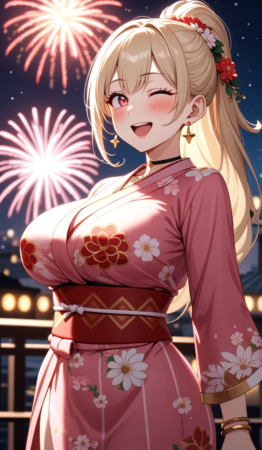 ((One personの女性)), Beautiful Face,Laughing embarrassedly,((Wink:1.9)),Laugh with your mouth wide open((Bright red cheeks:1.4)),Glossy pink lips,night,rooftop,Festive decorations,You can see the ocean, firework,Laughing with your mouth open,Glossy pink lips,Lighting on the face,((Anime style background)),masterpiece, Highest quality, so beautiful,Latest, Complex details, (Pink long nails),(ring),(bracelet),(choker),AI-generated, Complex,High resolution, Highest quality, super high quality,3D Images、((looking outside))、3D Images,One person,Long blonde hair,High Ponytail,(Turquoise Eyes),Anime woman posing for a photo, ((Fine grain、Colorful Eyes、Shining Eyes:1.4)),(Squint your eyes:1.1),a hyperRealistic , hyperRealistic , Realistic,Anime woman with long and white hair, Smooth anime CG art, A woman in a colorful kimono with gold embroidery, (Pink long sleeve kimono),Red floral pattern,Long flower hair ornament,big floral earrings,Mature Body,(Big Breasts:1.1),Tall,Abdominal muscles,Narrow waist,(Zoom in on face:1.6),Shooting from below at an angle