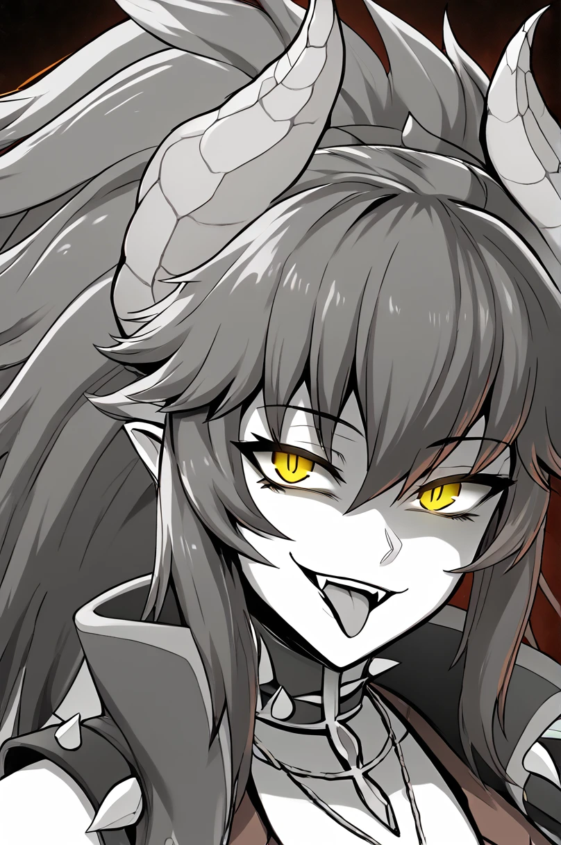 score_9, 
monochrome, spot color, black background, red aura, yellow eyes, 
zentreya, zendragon, 
looking at viewer, evil smile, open mouth, tongue out, 
upper body, 
high resolution, Masterpiece